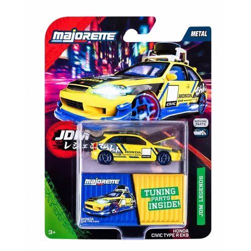 Majorette JDM Legends Deluxe Cars Honda Civic Type R EK9 autómodell - sárga/kék