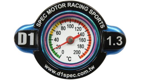 D1Spec Radiator cap with thermometer 28mm 1.3 Bar Blue